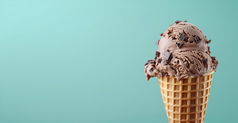 Illustration commerciale estivale, image gourmande, glace au chocolat, fond vert uni