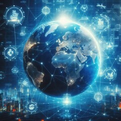 Global Network Technology Concept with Digital Data and Blue Earth Illustration