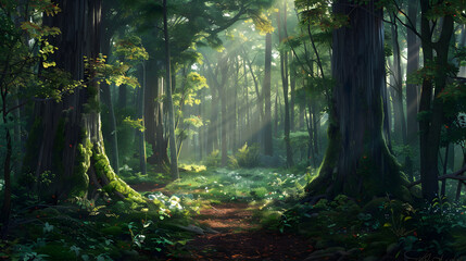 Early Morning Serenity in a Lush Forest with Sunlight Filtering Through the Tall Trees and a Meandering Path
