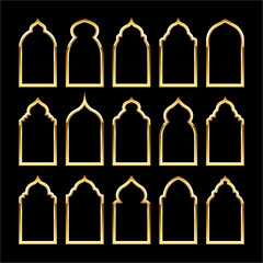Islamic frames, oriental style. Golden arabic shapes, windows and arches. Traditional ornamental banner, frame. Muslim holidays, Ramadan Kareem. Modern eastern architecture. Vector illustration
