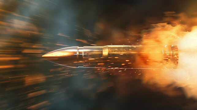 A bullet in mid-air after being fired, detailed motion blur and smoke trail, vibrant background of a shooting range, high-detail, capturing the dynamic motion and speed.