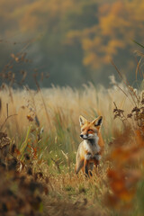 Fototapeta premium Majestic Fox in Orchard, Field of Poppies, Rosehips in Bloom, Prairie with Small Stream, Insects and Birds, Country Lane, Blue Sky, Hyper Detailed Realistic Photography
