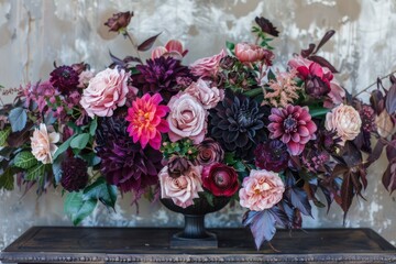 lavish floral arrangement with roses and dahlias, black, pastel pink and burgundy color palette