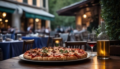 A large pizza is sitting on a table in front of a bottle of wine