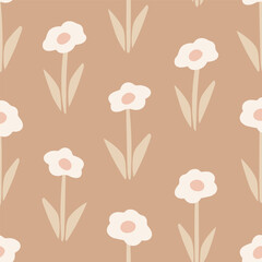 Seamless vector geometric pattern with simplified flowers in scandinavian style, textile, packaging