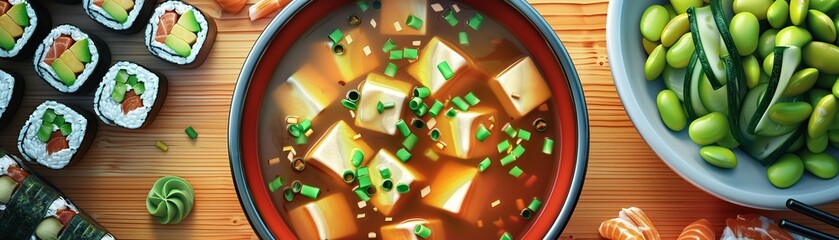 A cup of miso soup with detailed tofu cubes and seaweed, accompanied by a side of edamame and sushi rolls, vibrant colors, high-detail, highlighting a traditional and healthy Japanese meal