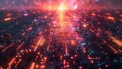 Fototapeta premium Ethereal tech landscape, wideangle, circuits in dreamlike colors, softfocus, highresolution marvel