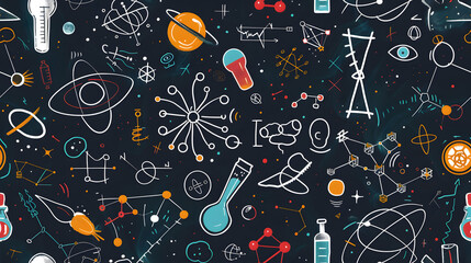 A seamless pattern featuring various scientific instruments and space icons, including beakers, atoms, and planets on a dark background, ideal for educational and decorative use.