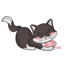 Cute cat character playing with the pink yarn ball
