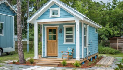 Charming Blue Tiny House with Lush Garden