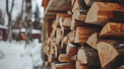  A multitude of logs piled high in front of a snow-covered building Ample snow blankets the ground, with trees visible in the background - Powered by Adobe