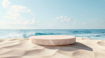 A round flat polished stone in the form of a pedestal or pedestal for goods lying on the sand against the backdrop of the sea. Advertising of summer goods, skin creams. Copy space