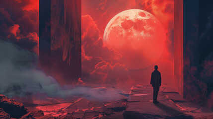 Fototapeta premium Man standing in front of a large red moon in the sky.