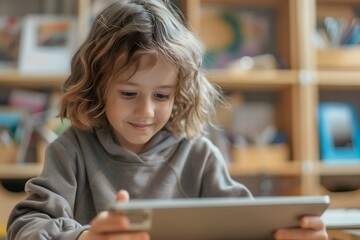 Happy Child Engaged in Fun Tablet Learning at Home