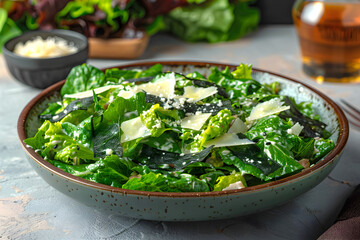 Japanese-Italian Caesar salad with nori sheets and parmesan on marble background. Combination of traditional Japanese and Italian cuisine, trendy food. Copy space