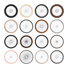 Realistic 3d retro bicycle wheels. Vintage bike rubber tyres, shiny metal spokes and rims. Fitness cycle, touring, sport, road and mountain bike. Vector illustration