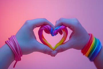 Fototapeta premium Hand making a heart sign with gay pride LGBTQ rainbow wristband. Happy pride month.