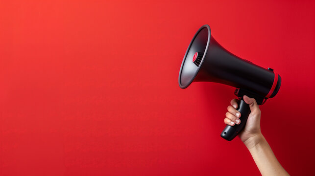 A woman's hand holds a black loudspeaker on a red background. announces a discount promotion. Concept of recruitment, advertising. Copy space