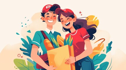 A cheerful girl and boy both working for a food delivery service appear delighted as they hold a paper bag filled with groceries These young adults sporting a baseball cap and a polo shirt 