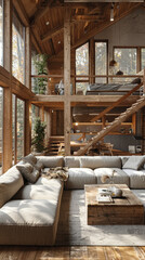 Modern Loft-Style Cozy Wooden House Interior with Large Gray Sofa, Wooden Stairs, and Abundant Natural Light in a Relaxing Setting