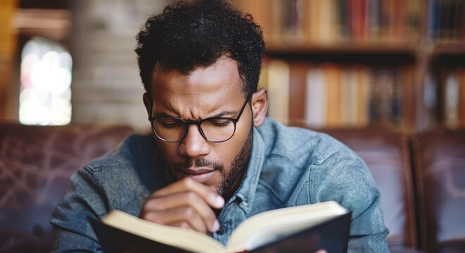 Focused man reading the Bible in a cozy setting, closeup with blurred background, daylight, concept of spiritual reflection and study