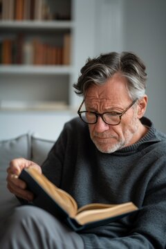 Mature middle-aged man with glasses having difficulty reading the fine print in a book