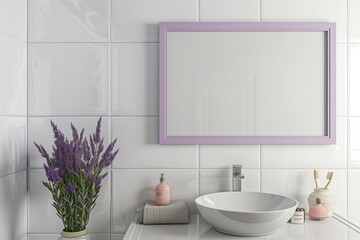 Fototapeta premium /imagine: A tranquil bathroom with an empty wall frame mockup in a soft lavender color, adding a touch of serenity to the clean, white space.