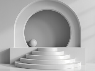 Fototapeta premium Modern marble podium. Empty round platform stage with decorative arch, white podium for display product illustration. Advertising 3d podium