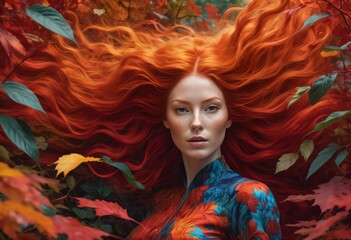 Fantasy image of a red-haired girl in fall foliage