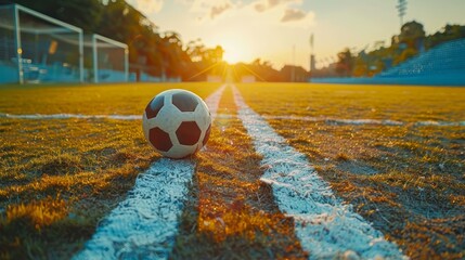  A soccer ball rests near the edge of a sunset-illuminated soccer field, with a goal post standing centrally Ball in foreground - Powered by Adobe
