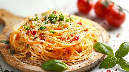 Combination of Italian pasta and Japanese noodles beautifully served on wooden board with Japanese and Italian motifs. Close-up