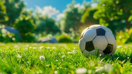 Fototapeta premium A soccer ball sits on the lush grassy field, surrounded by sun-kissed blades The sun casts a golden glow over the scene, while trees line the horizon in
