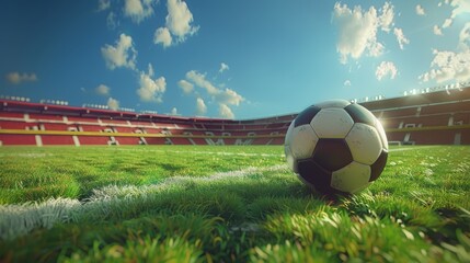  A soccer ball sits atop a lush green field, nearby is a red-and-white goalkeeper's net and goalpost on a sunny day - Powered by Adobe