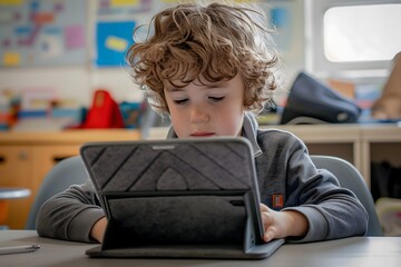 Curious Young Child Learning on Tablet in Classroom Environment