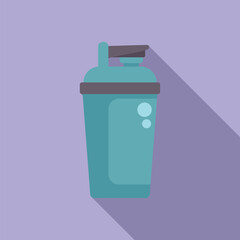 Flat design icon of a teal protein shaker on a purple background, suitable for fitness content
