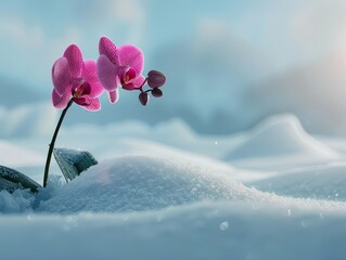 A solitary orchid standing tall in the snow, its exotic bloom providing a vibrant splash of color against the white landscape. The light is soft and diffused, 