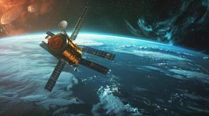 Fototapeta premium A satellite orbiting a distant planet, gathering data on its atmosphere and surface features with precision instruments.