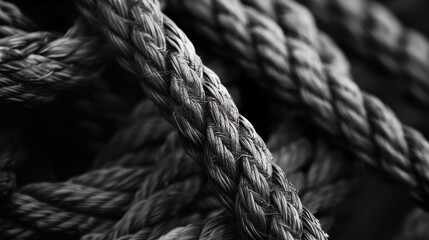 A close-up black and white image of a thick industrial rope.









