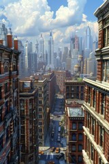 Obraz premium Cityscape of a fictional city with tall buildings and a blue sky