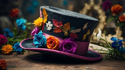 A close-up of a colorful, cracked old top hat surrounded by fanciful flowers. Background with a Mad Hatter mood