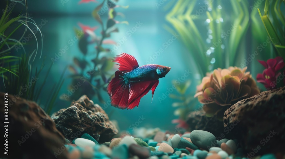 Wall mural A serene underwater scene of a betta fish tank, with soft lighting and peaceful ambiance creating a tranquil retreat for relaxation.