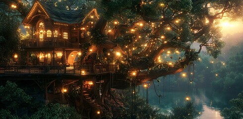 A tree with a house on top, surrounded by a glowing light. The tree is lit up with lights, creating a beautiful and enchanting scene.