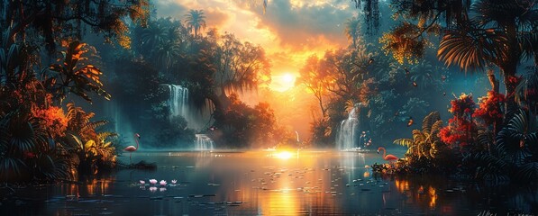 A serene scene of a sunset over a lake with trees in the background. The sun is setting behind the trees, casting a warm glow on the water and creating a peaceful atmosphere. - Powered by Adobe