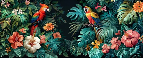 A vibrant and colorful print of two parrots perched on palm trees, set against a dark background. 