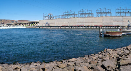 Panorama of the McNary Dam and powerhouse on the Columbia River, Umatilla, Oregon, USA