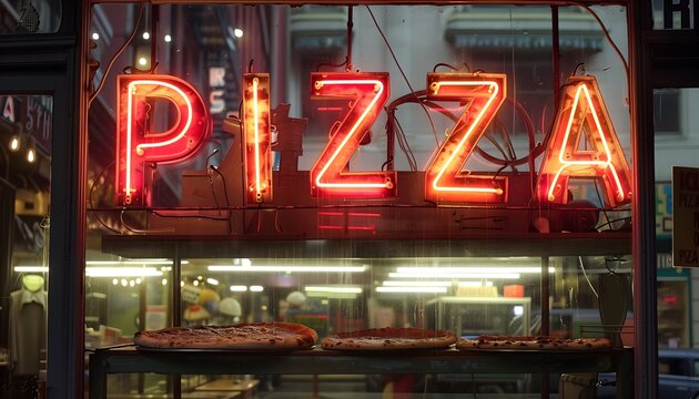 Iconic Neon Pizza Sign Illuminating the Night in Urban Setting