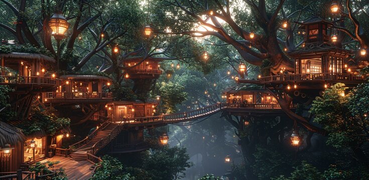 A beautiful scene of treehouses in the woods with a bridge connecting them. The treehouses are surrounded by trees and have lights on them, creating a magical atmosphere.