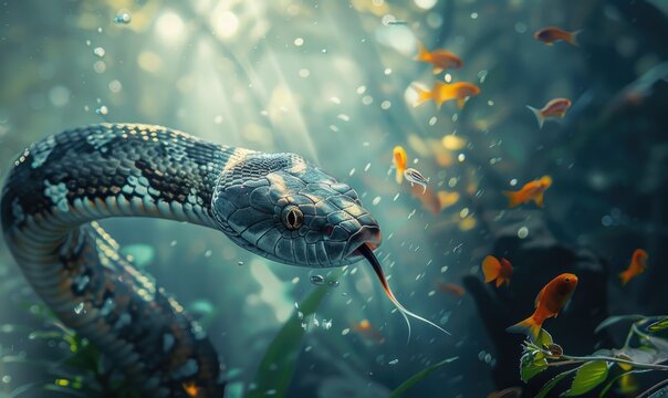 Snake and fish, underwater scene