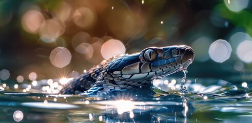 Naklejka premium Snake diving into water, closeup view of snake in water with water splashes