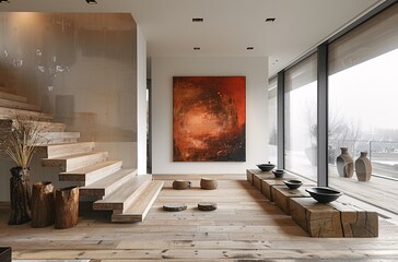 A modern living room with wooden floors and stairs, featuring a large painting on the wall and a bench with a bowl on it. The room also has a window with a view of the outside.